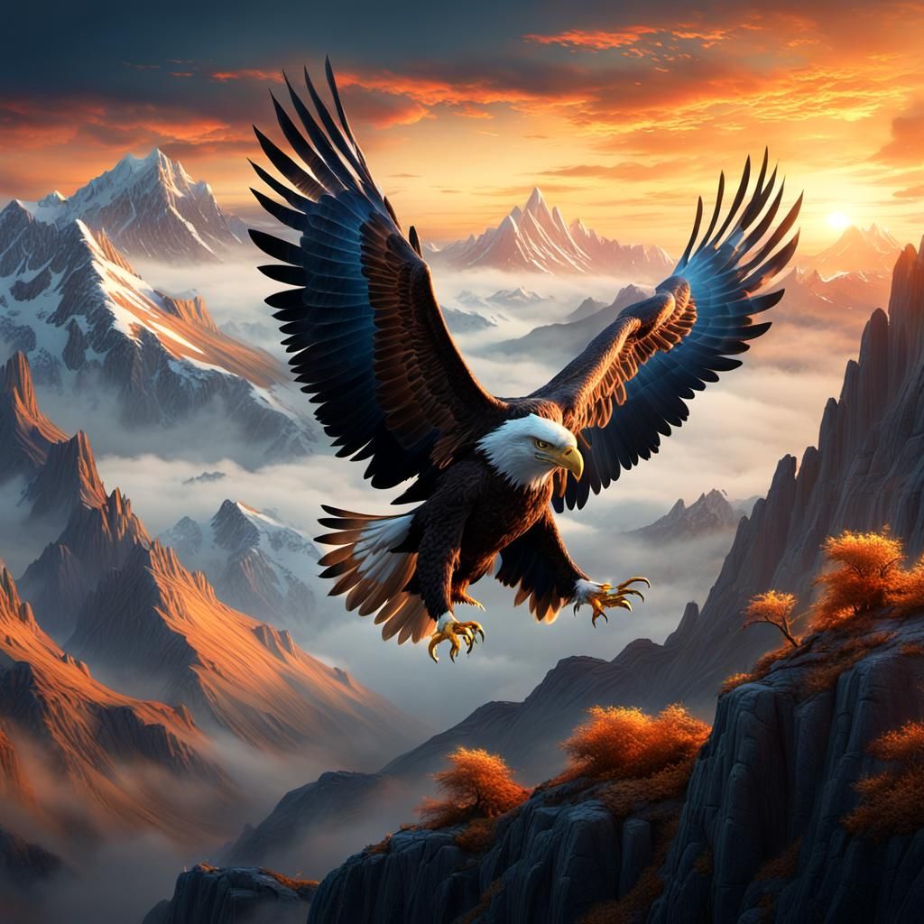 Golden Sunrise Majesty with Eagle in Flight