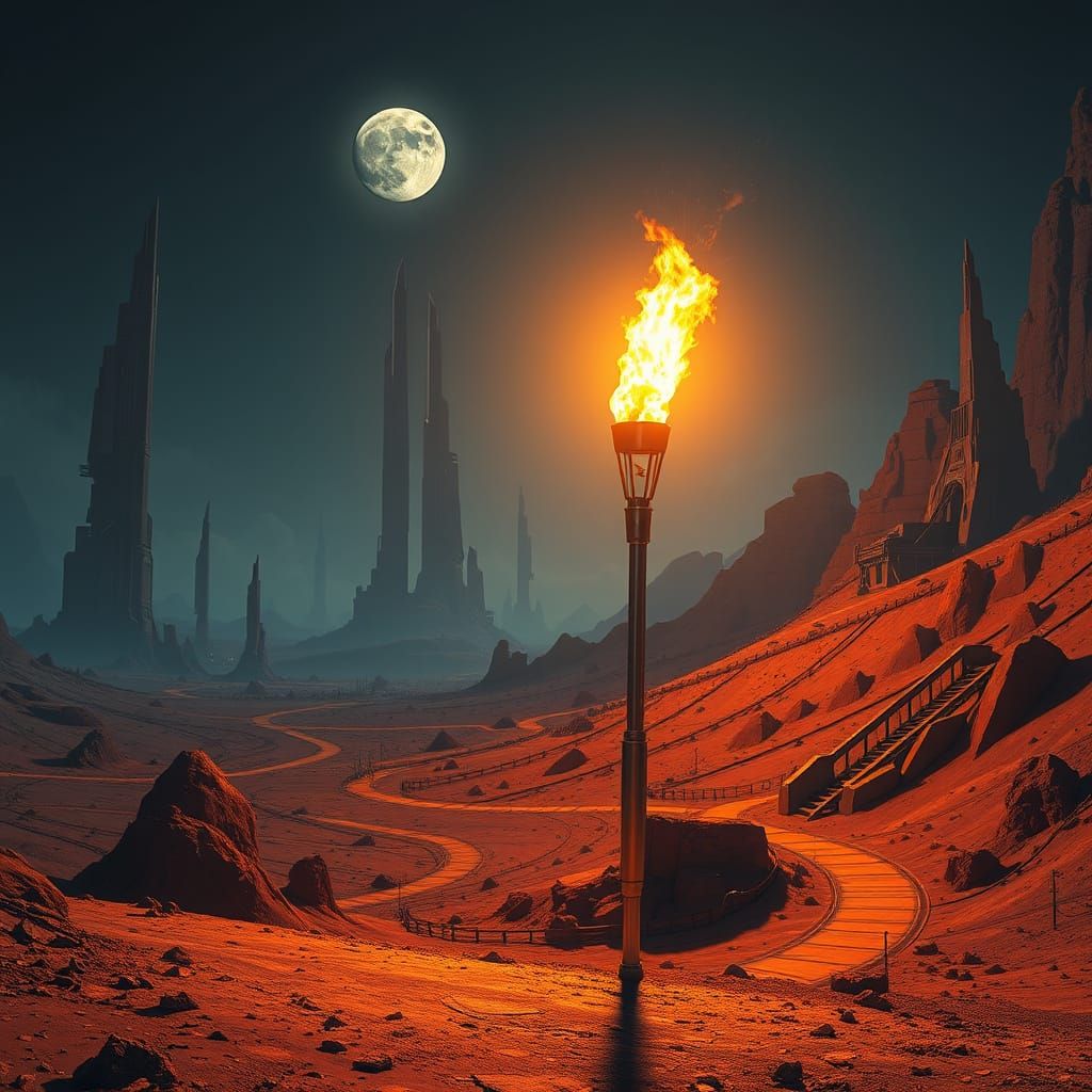 Futuristic Torch Illuminates Barren Cityscape