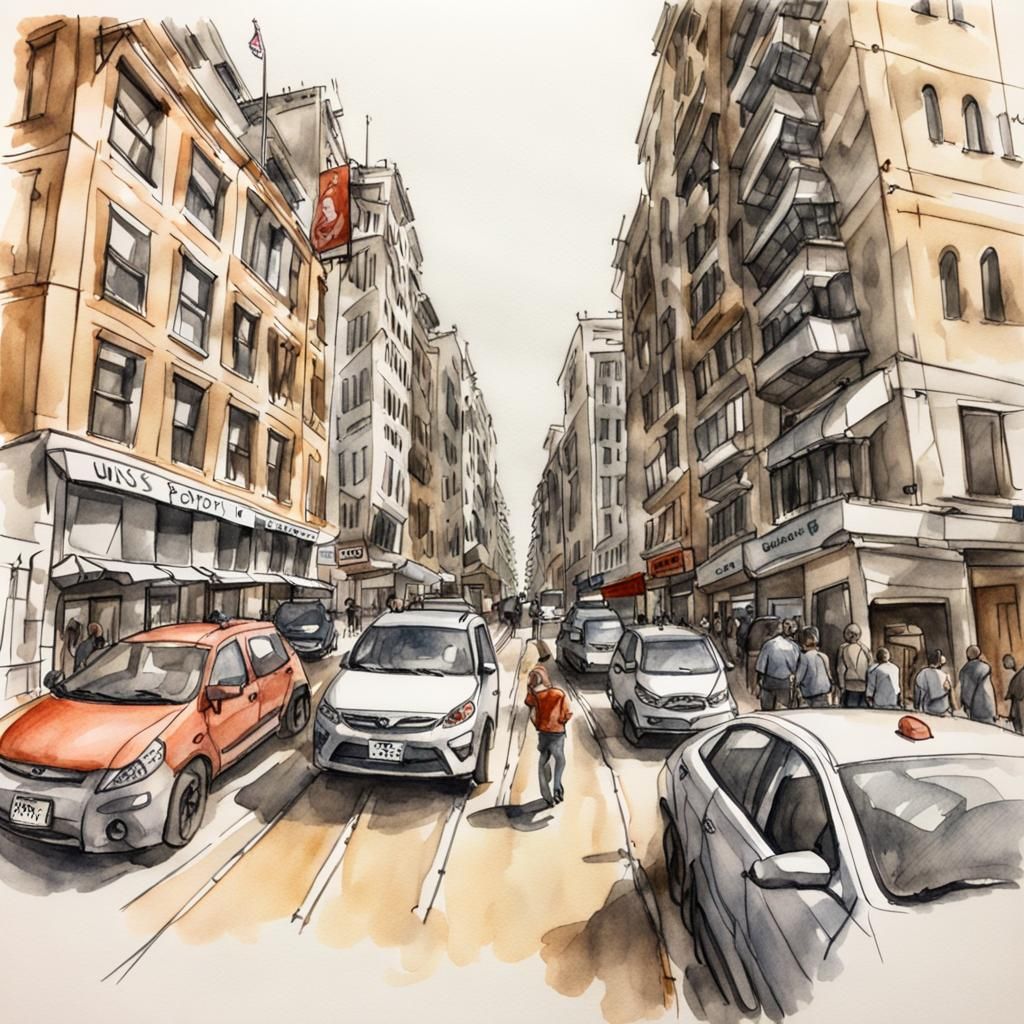 City Street Ink Drawing in Spherical Perspective