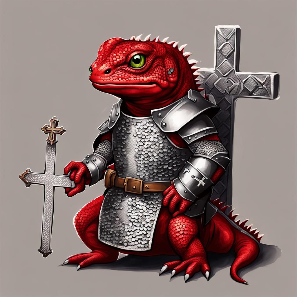 Humorous Red Lizard in Armor with Cross