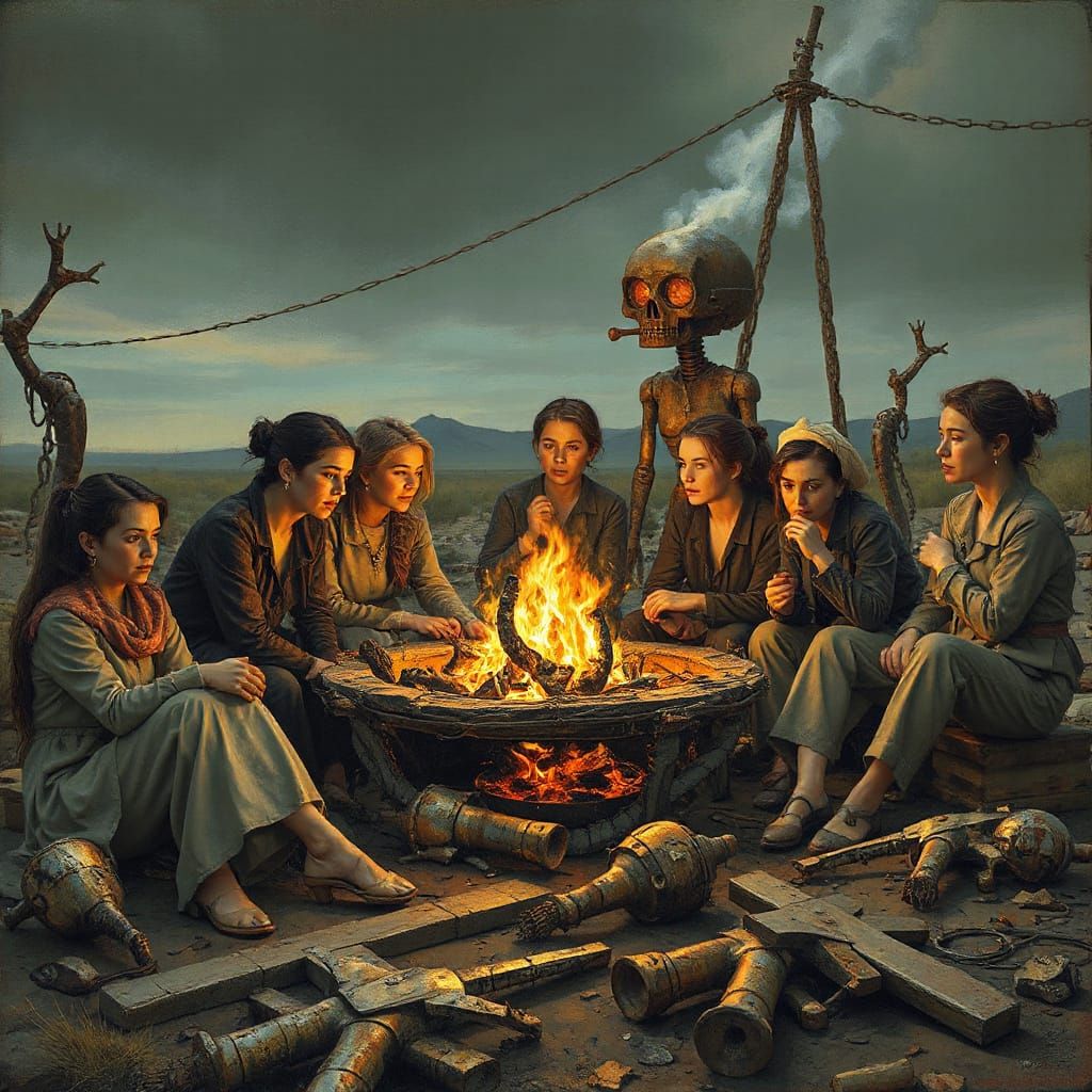 Wasteland Gathering: A Gouache-Style Post-Apocalyptic Scene