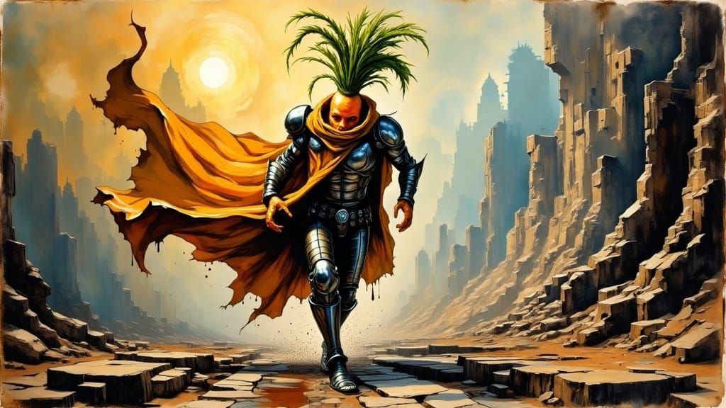 Post-Apocalyptic Carrot Hero in Surreal Landscape