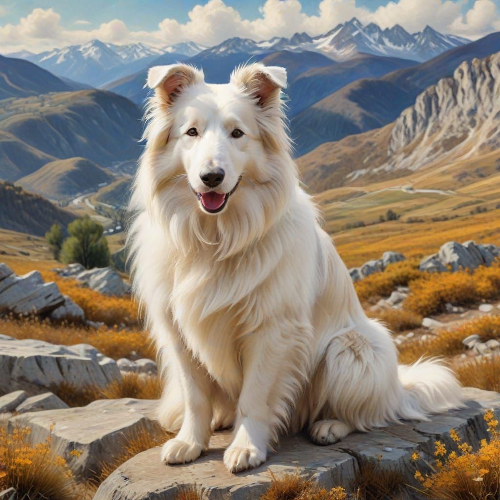 White Rough Collie in a Van Gogh-Inspired Watercolor Landsca...