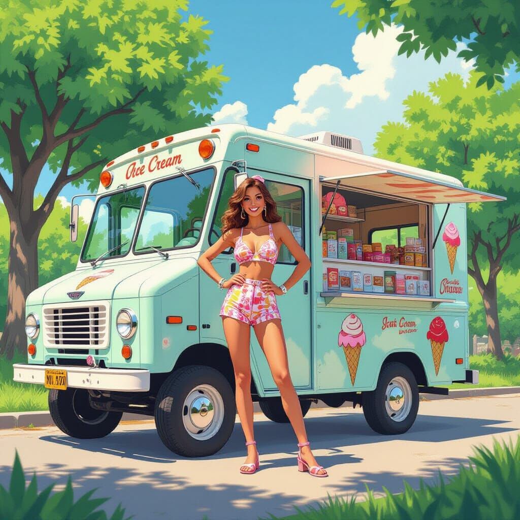 Girl and Ice Cream Truck in Comic Book Style