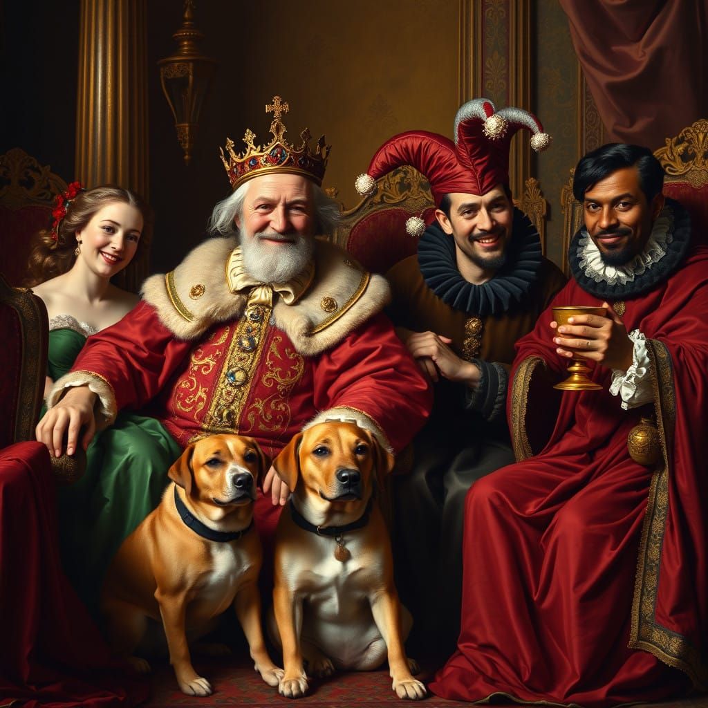 King, jester, and courtly style.  A regal, elderly king, with a crown and elaborate, gold-e...