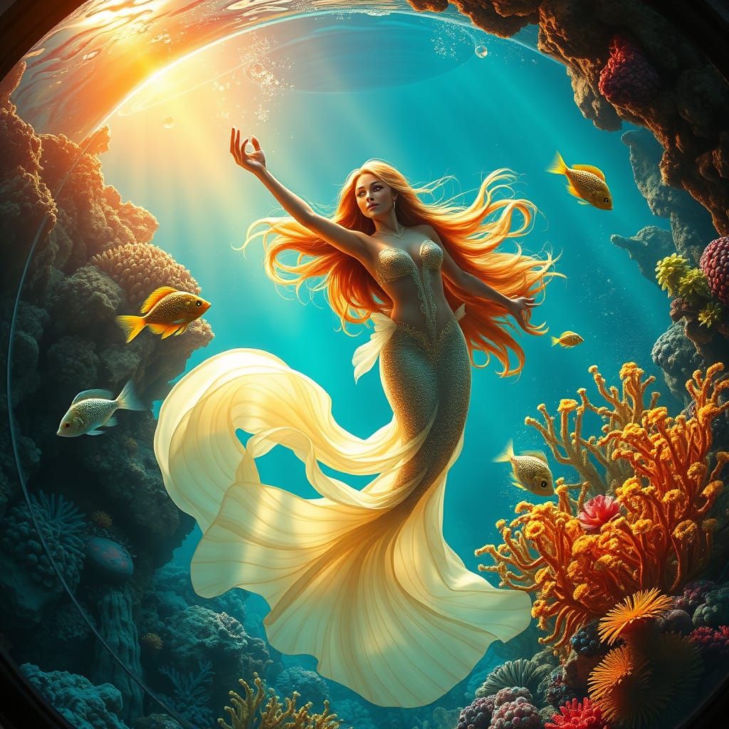 Mermaid in Aquarium with Golden Light