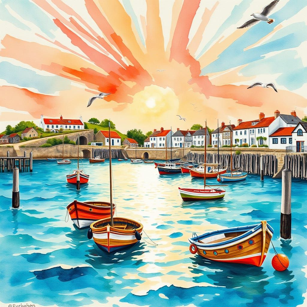 Sun-Drenched Harbour in Watercolour Style