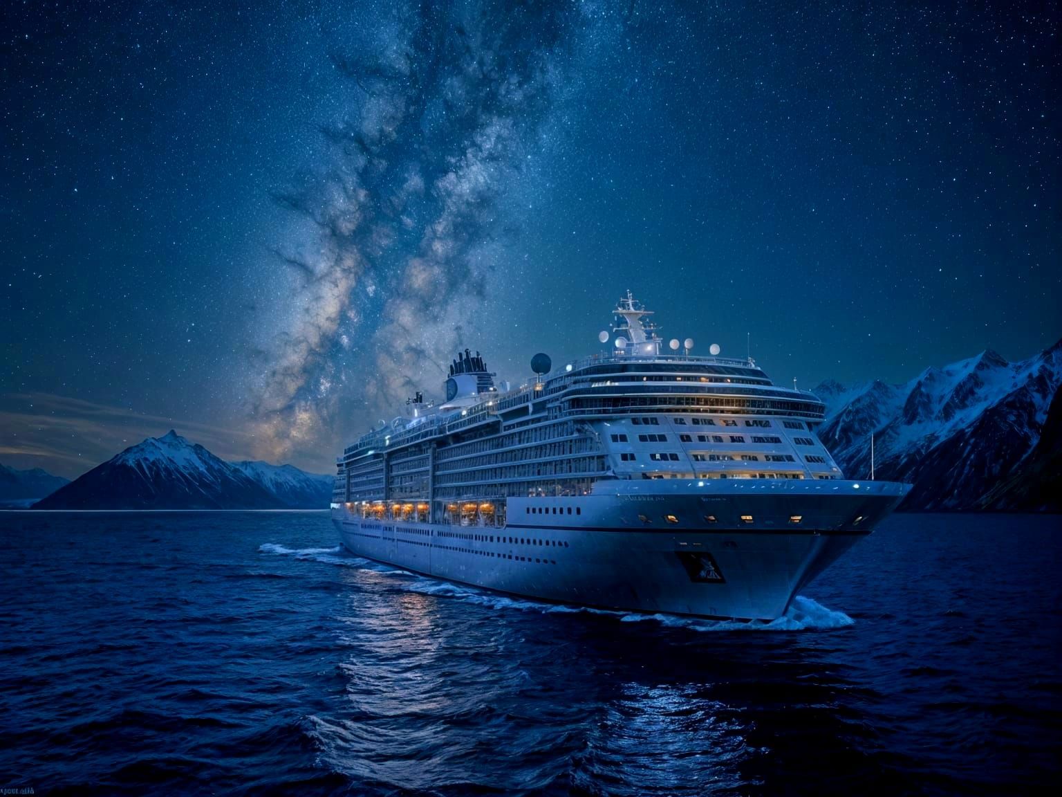 Alaskan Cruise Ship Under Starry Sky