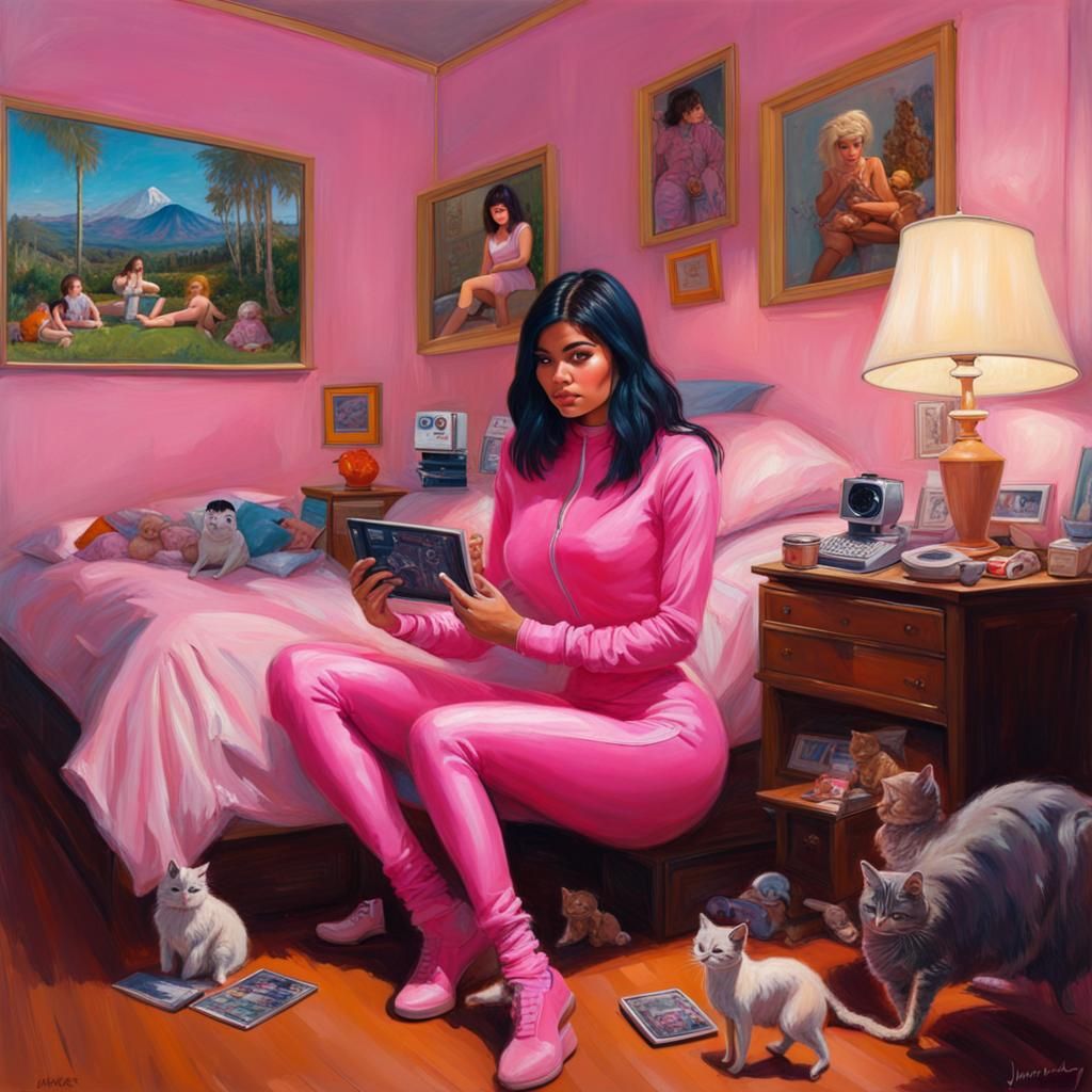 Person in Pink Catsuit Playing Games: Oil Painting