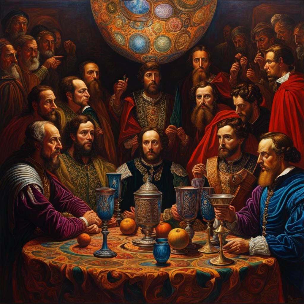 Shakespeare Characters at Round Table, Photorealistic Oil