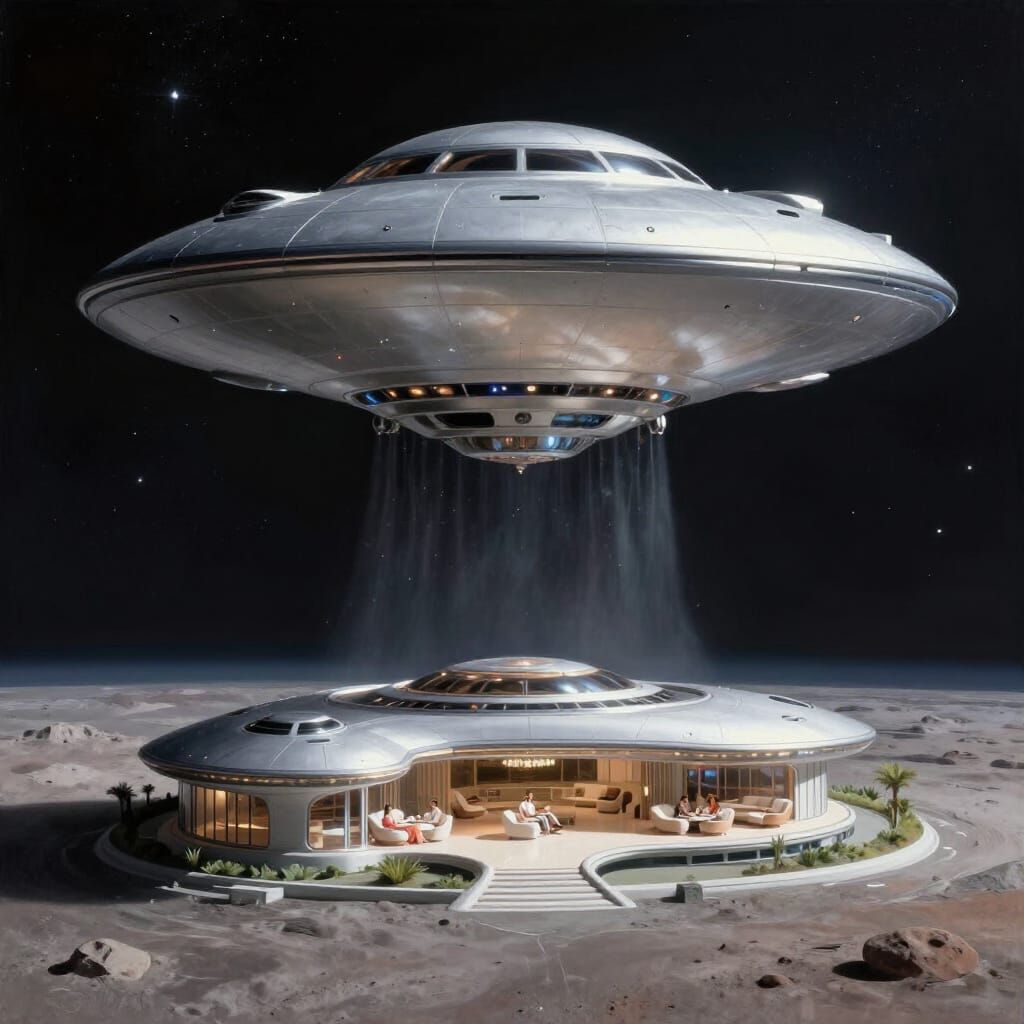Futuristic UFO Aircraft Ascends to Lunar Resort