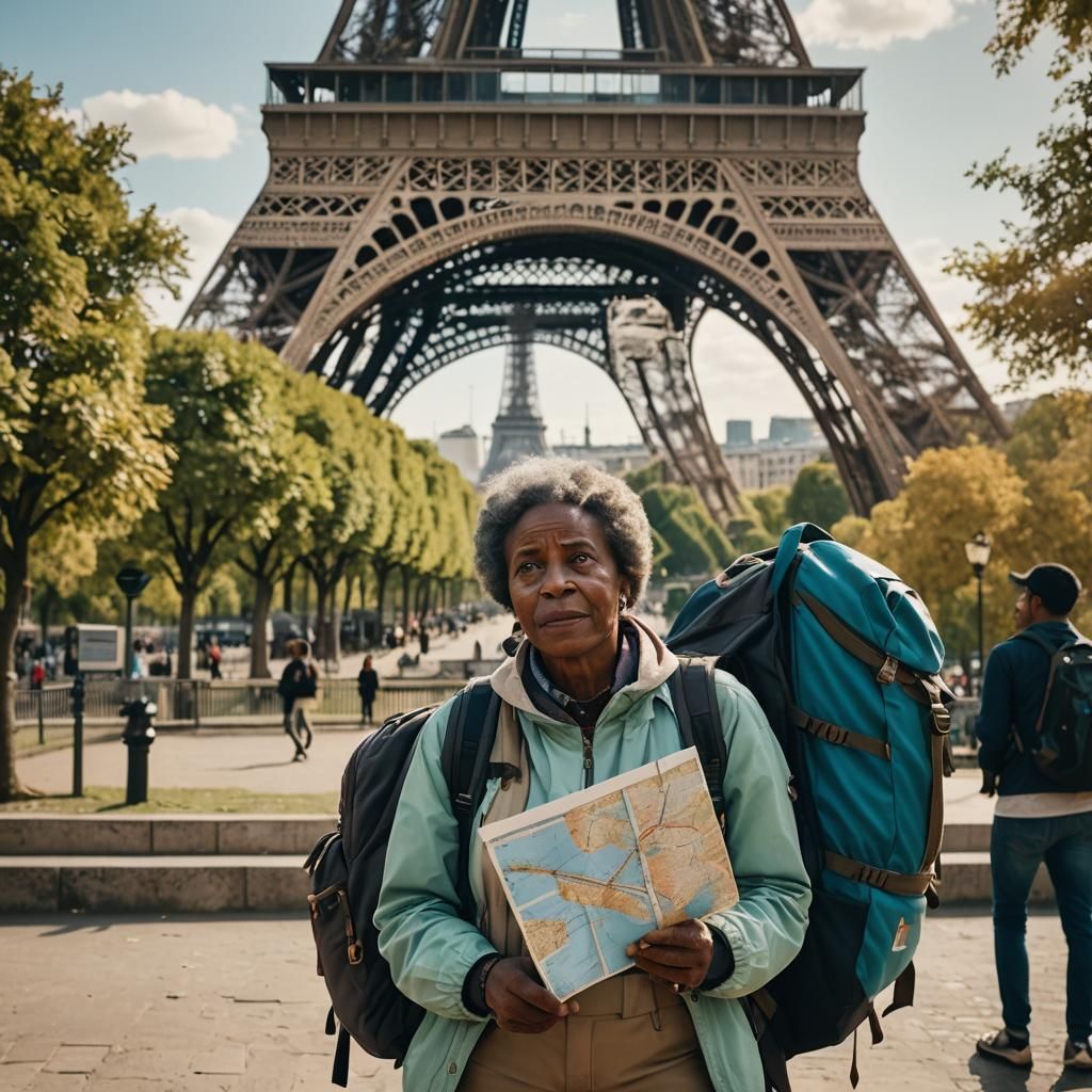 Woman with Backpack at Eiffel Tower: Cinematic Still