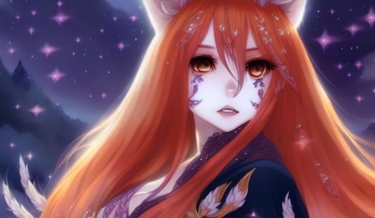 Sensual Fox Witch in Starlit Meadow, Anime Illustration