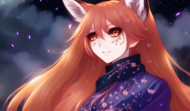 Fox Witch in Starlit Meadow: Anime Digital Art