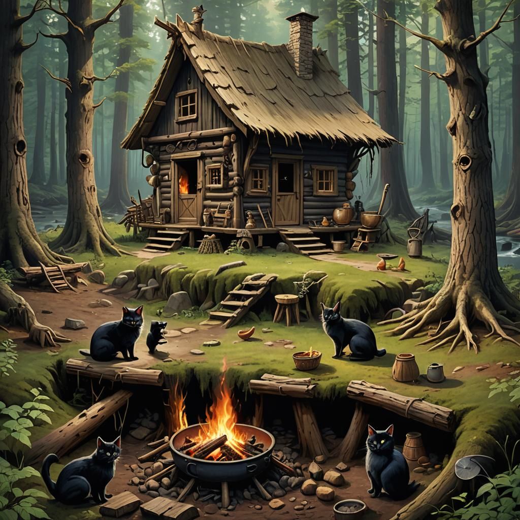 Baba Yaga Cabin in Forest with Cats and Campfire