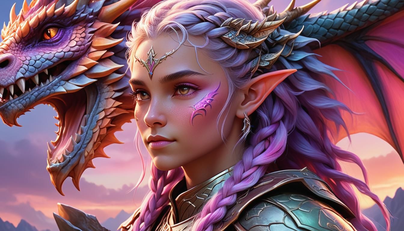 Warrior Elf Embraces Dragon in Hyperrealistic Fantasy Art