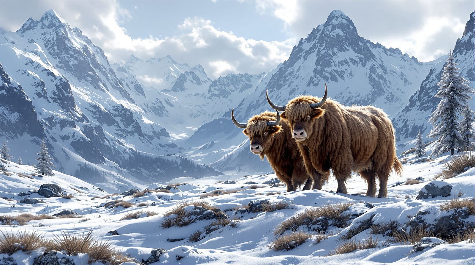 Hyperrealistic Swiss Alps Fantasy Landscape with Yaks