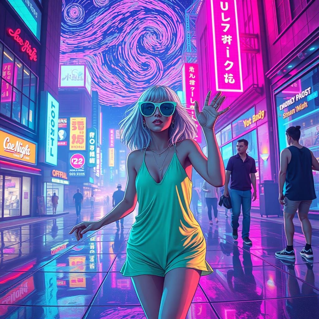 Sia Dances in Neon Cityscape: Vaporwave Glitch Art