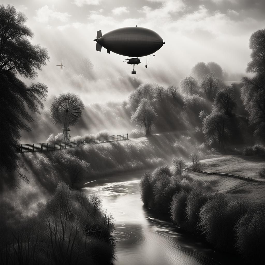 Blimp Over Countryside: Black and White Film Still