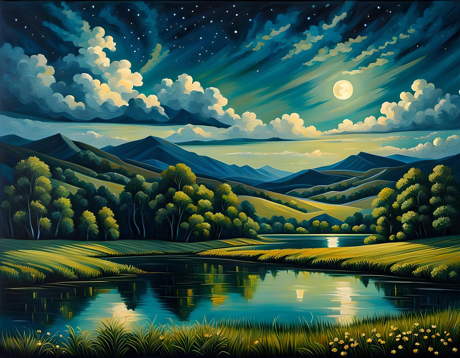 Moonlit Rural Landscape: Impasto Oil Painting