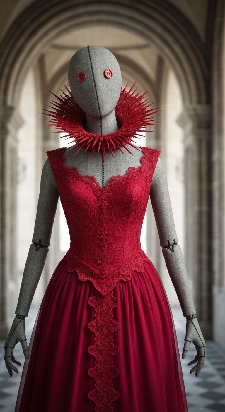Faceless Ragdoll in Crimson Lace Evening Gown
