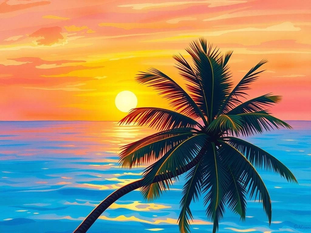 Tropical Sunset with Palm Tree in Impressionist Style
