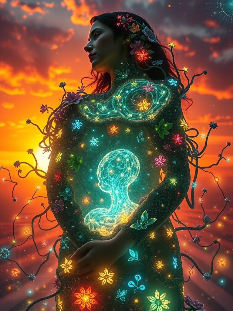 Surrealist Goddess Unites with Cosmic Child in Dreamlike Lan...