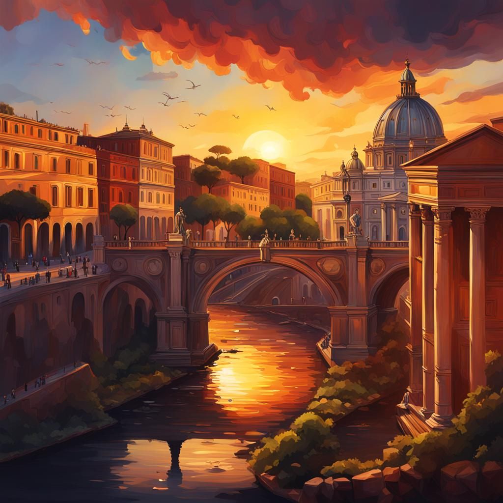 Dramatic Sunset in Rome: Hyperrealistic Splash Art