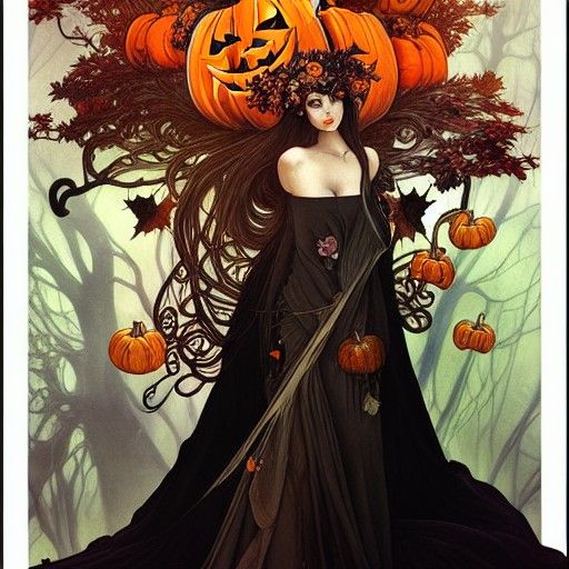 Halloween Queen with Cats in Alphonse Mucha Style
