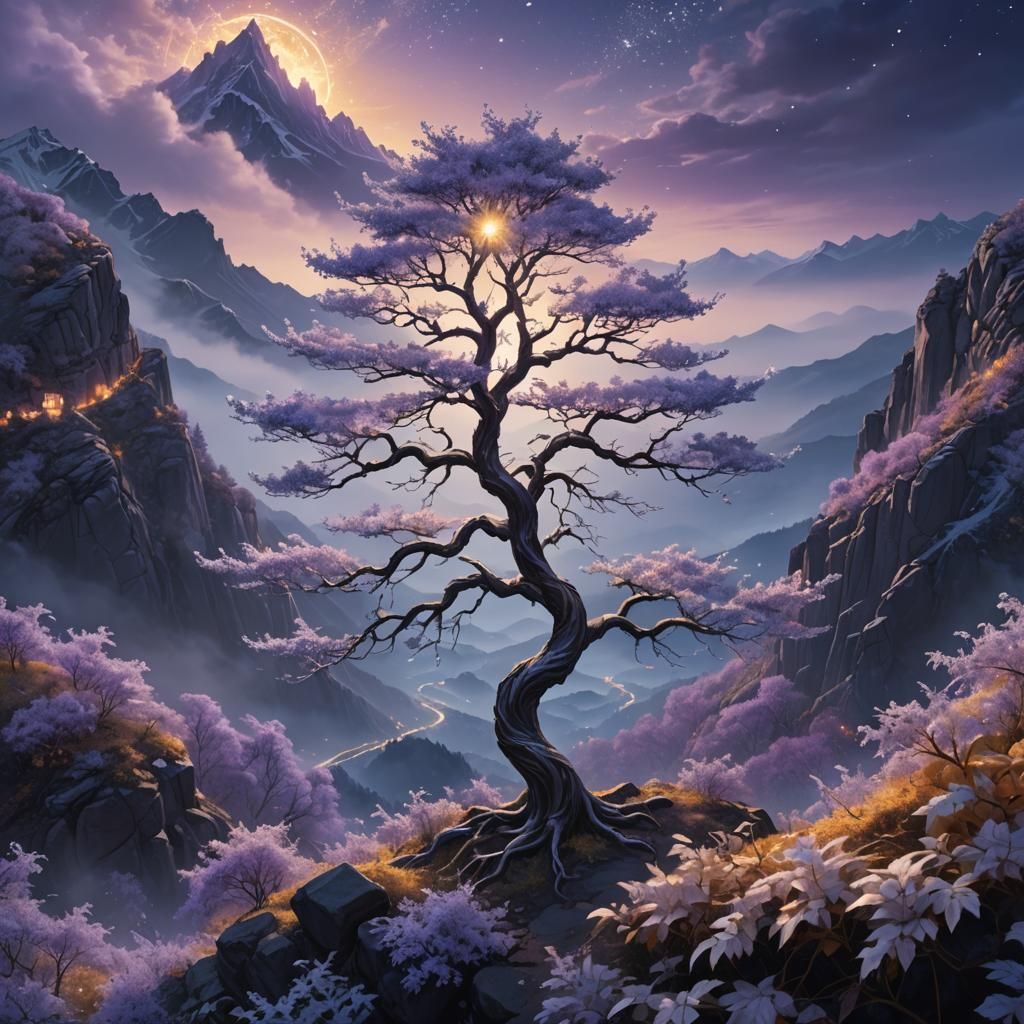 Glowing Silver Tree on Mountain Top: Fantasy Art