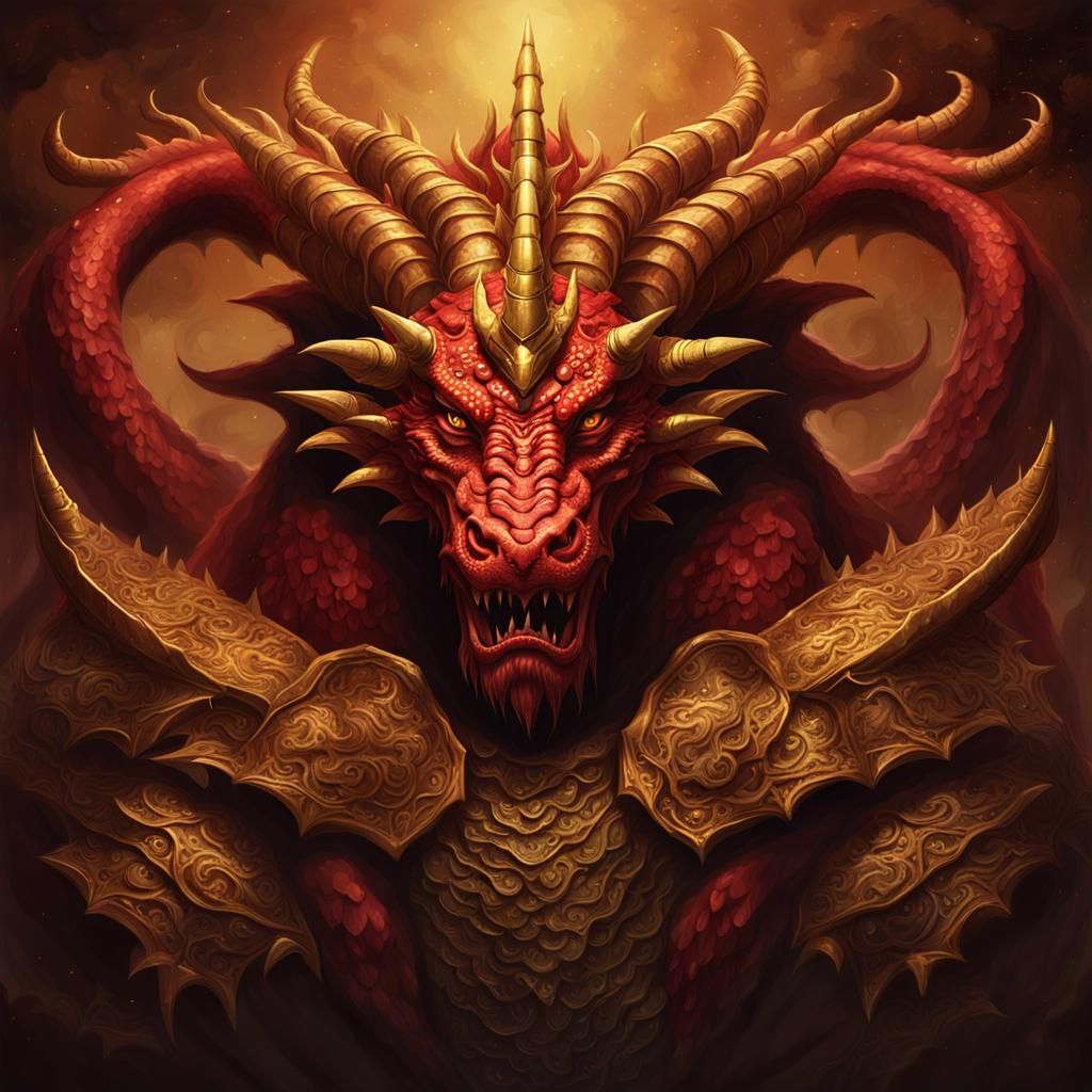 A great red Dragon that has seven heads and 10 horns on each...