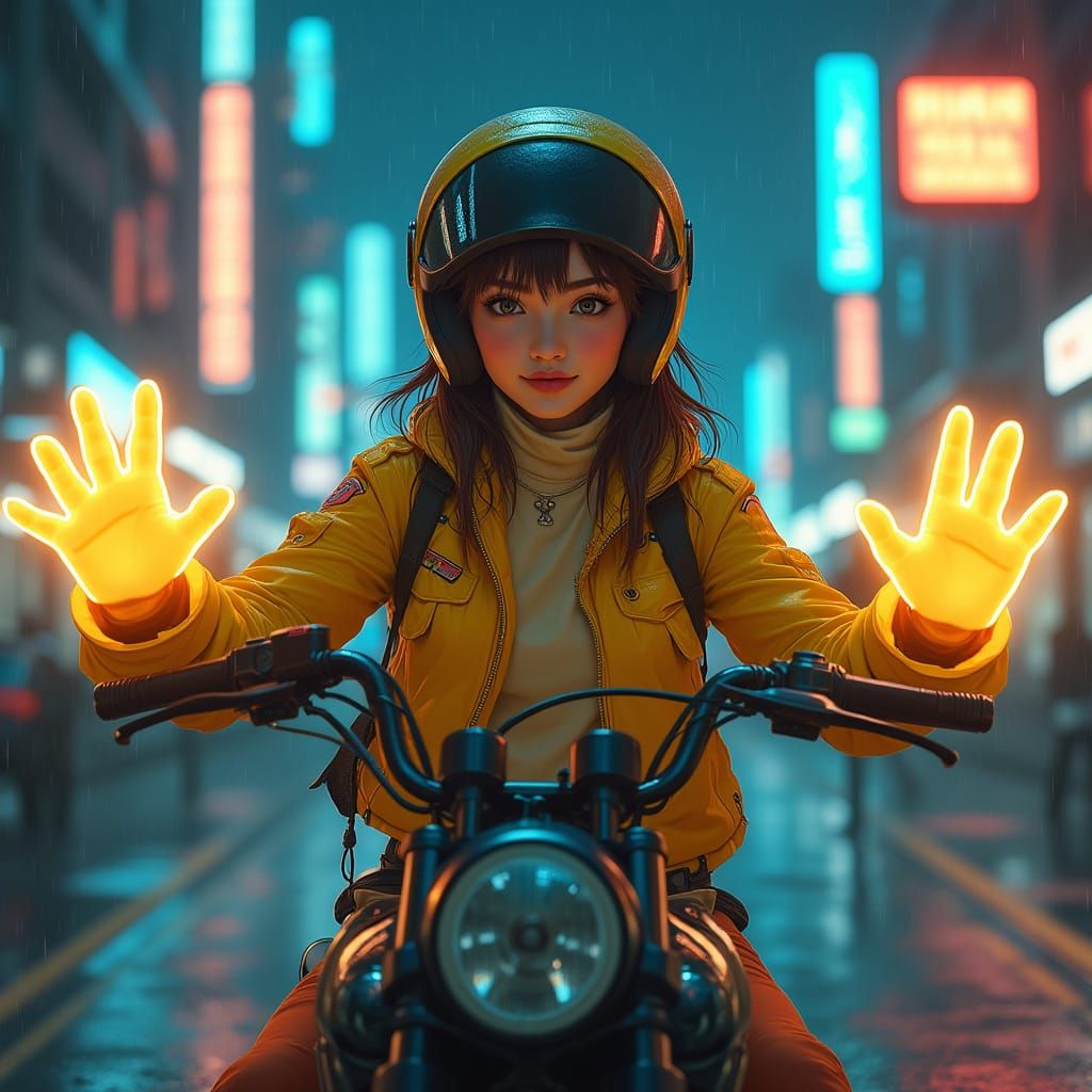 Relaxed Young Woman in Cyberpunk Superhero Outfit