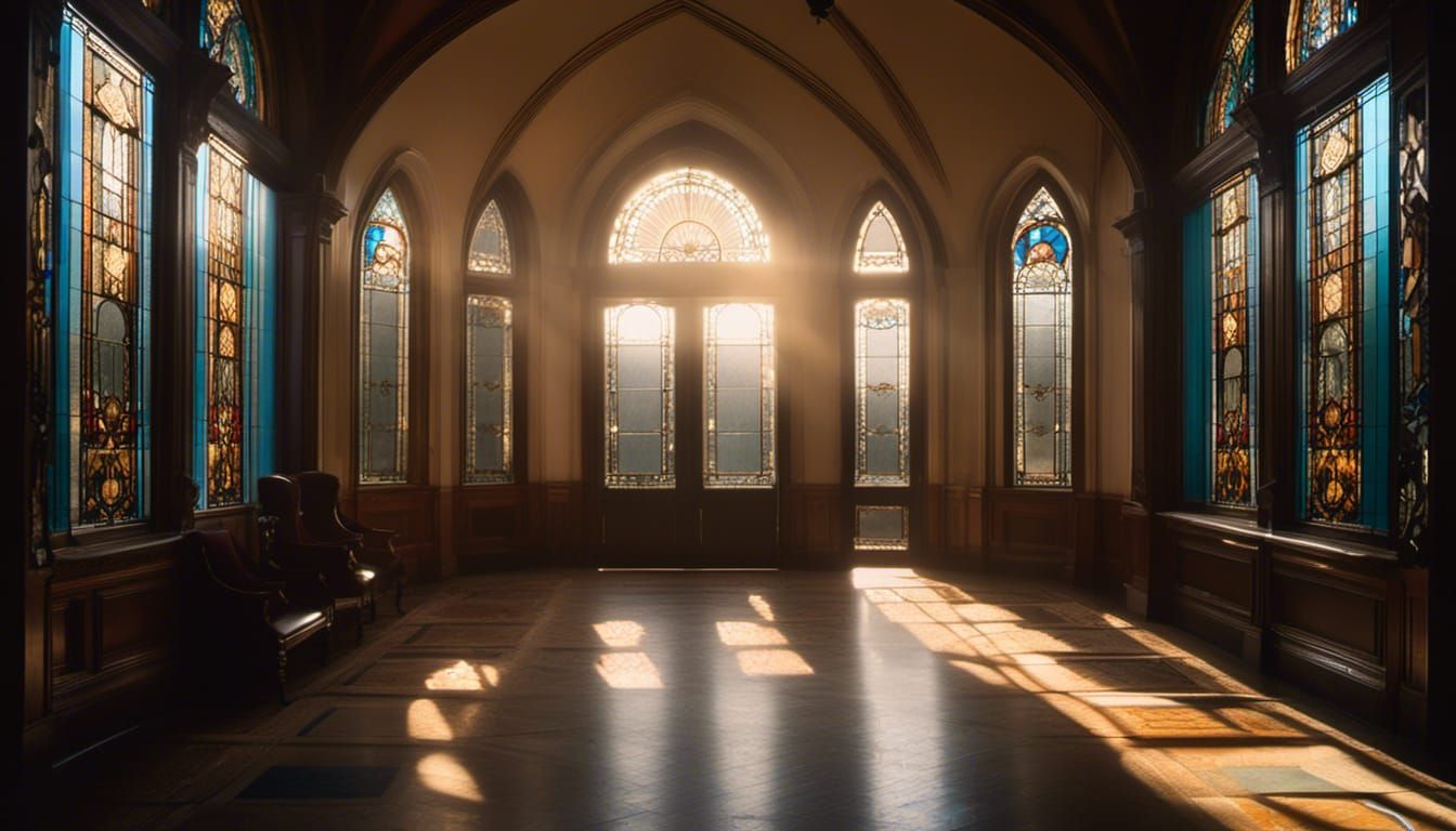 Hallway with a stained glass doorway..