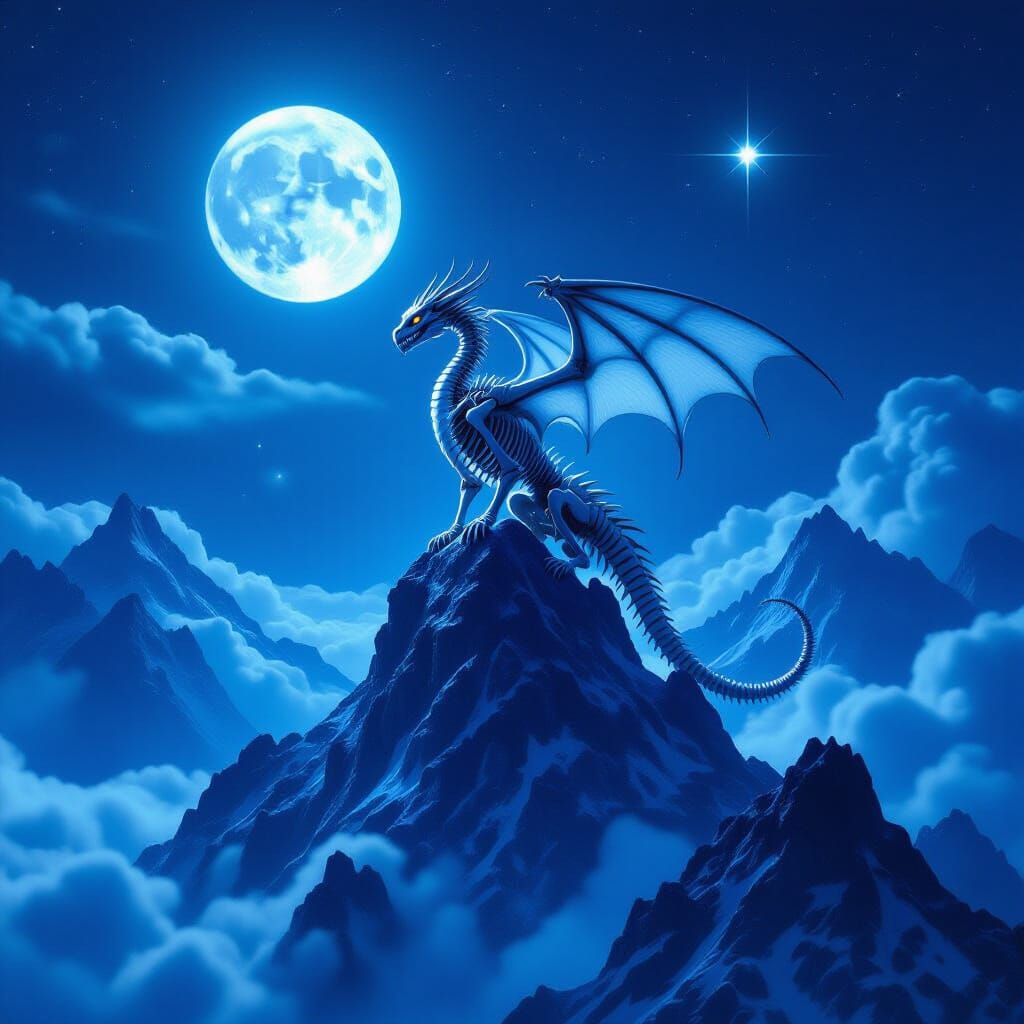 Skeletal Dragon on Glowing Mountain Peak