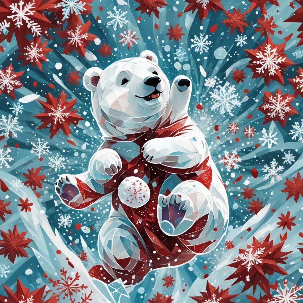 Crimson Ice Bear Cub in Cubist Style