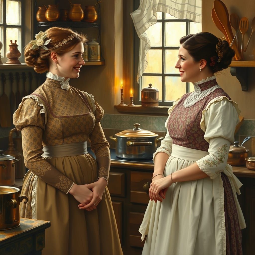 Elegantly Dressed Women in Candlelit Kitchen Share a Whisper