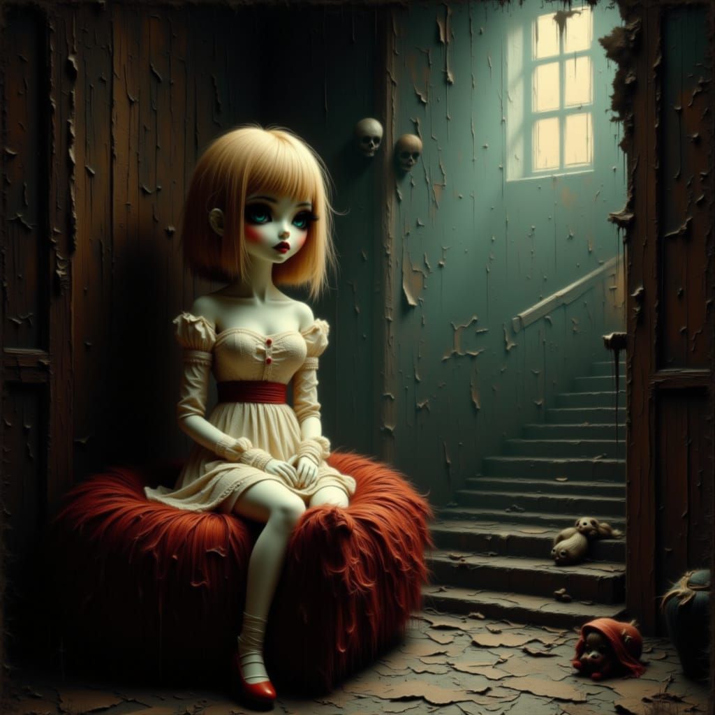 Porcelain Doll on Velvet Cushion in Moonlit Attic