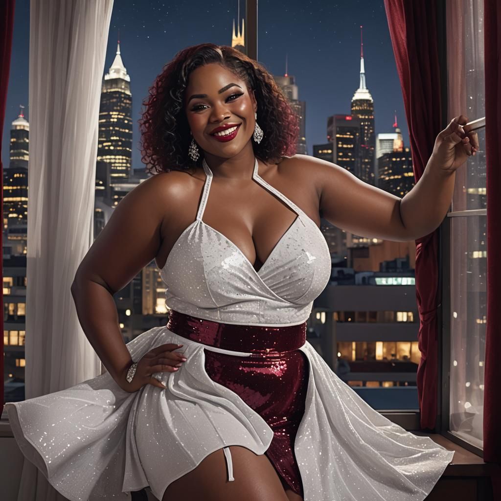 Curvy Goddess in Ruby Skirt Overlooking City