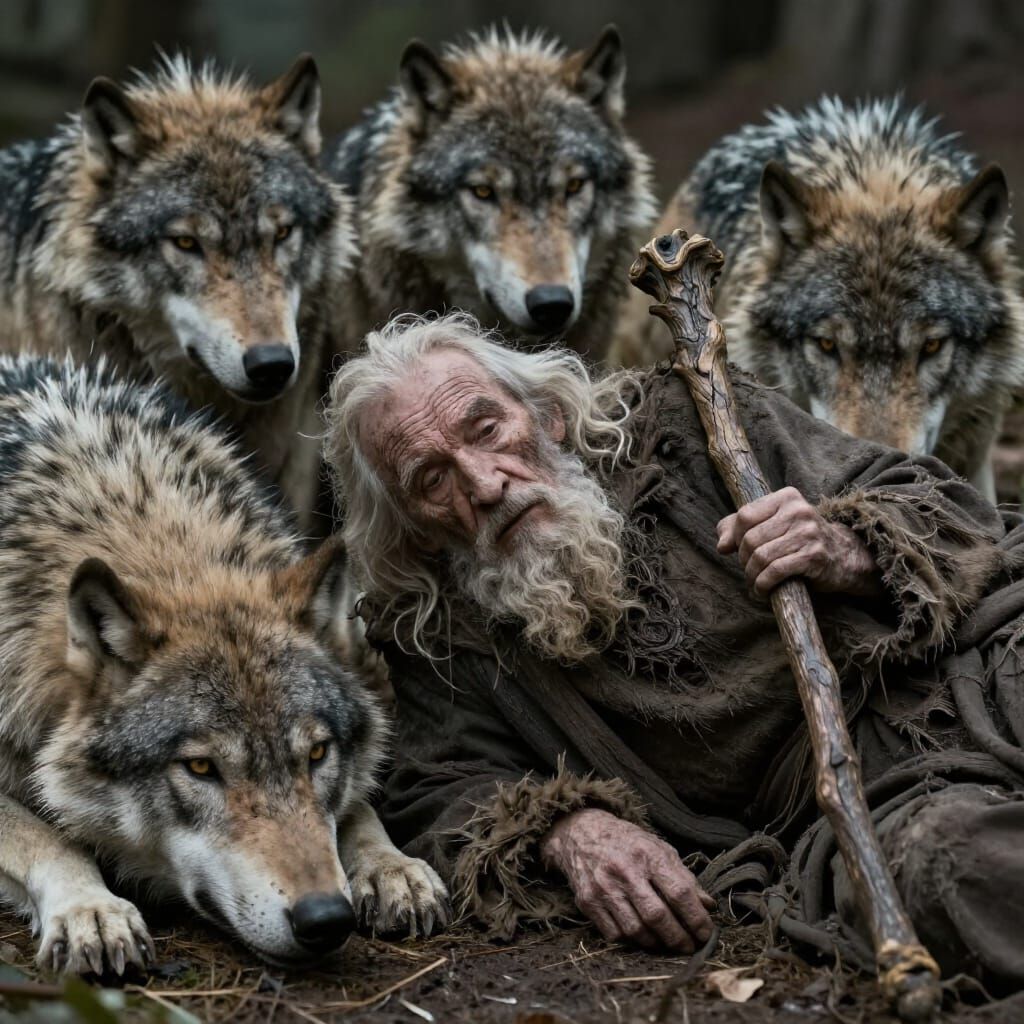 Old Wizard Rests with Three Dirty Wolves in Photorealistic S...