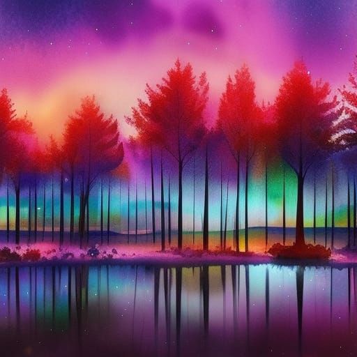 Magical Pearlescent Pine Forest Watercolor Painting