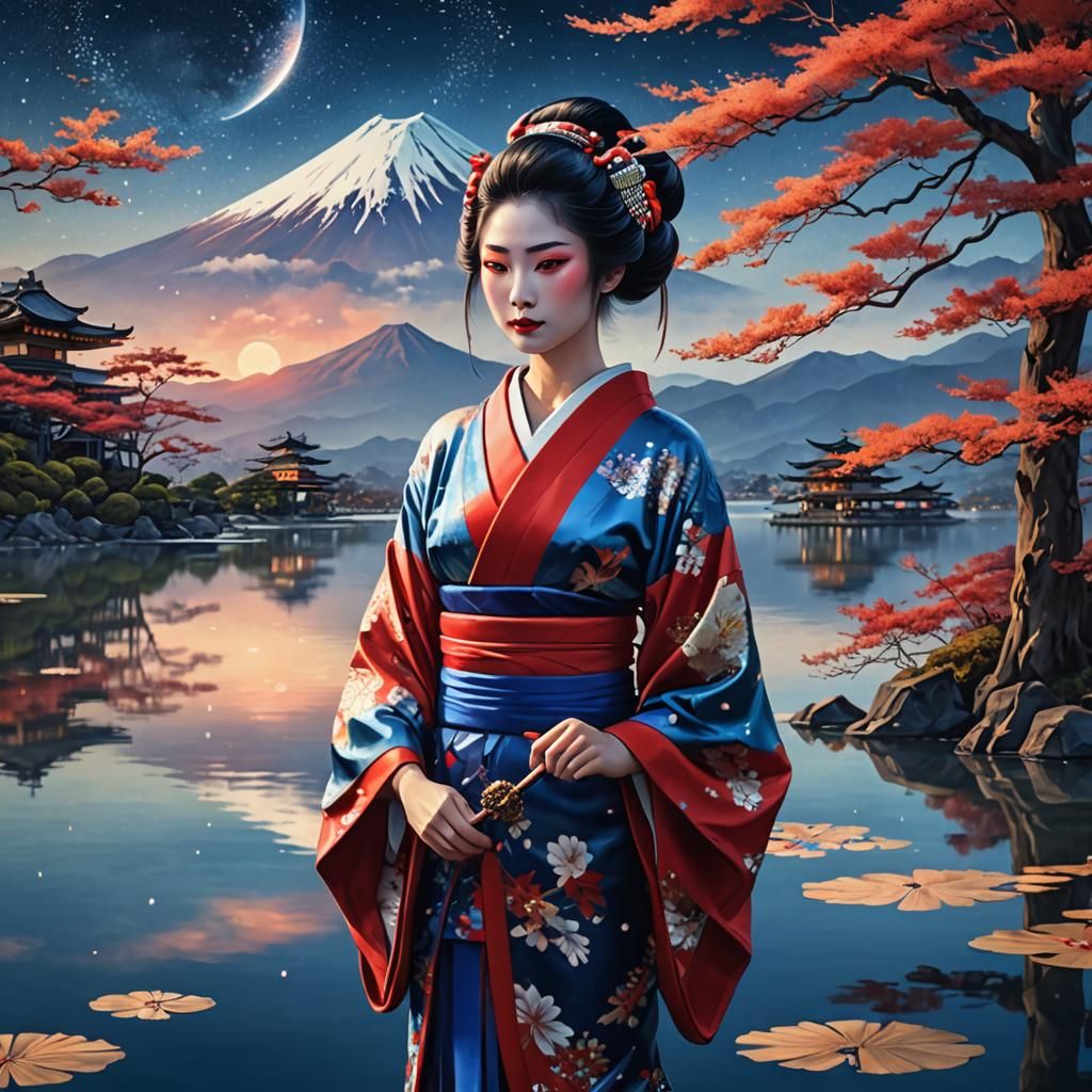 Geisha in Kimono by Lake Fuji: Digital Art