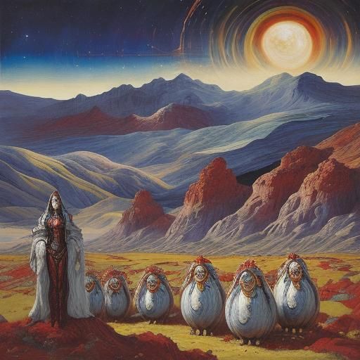 Cosmic Characters in Landscape: Oil Painting