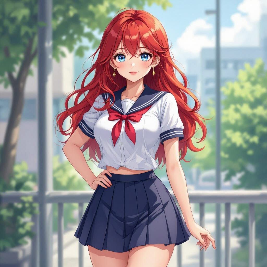 Red-Haired Girl in Manhwa Style School Uniform