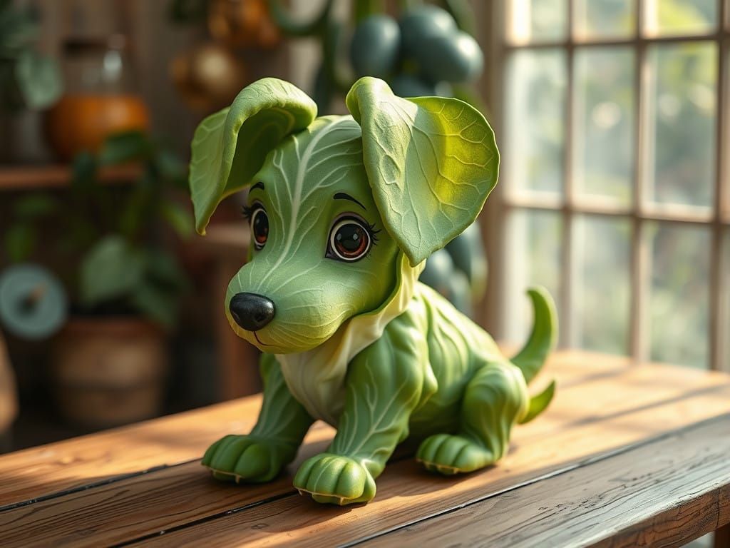A dog made of fresh green cabbage leaves