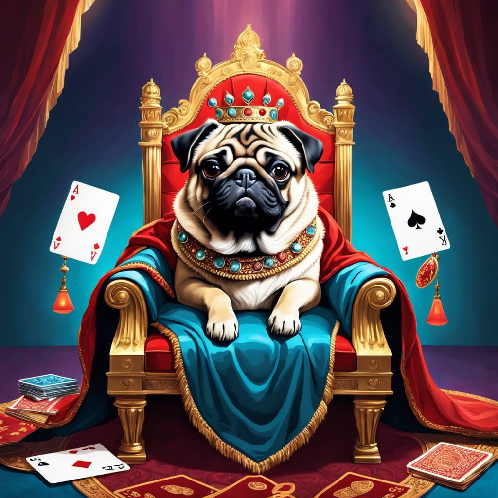 Regal Pug on Playing Card Throne in Dreamlike Surreal Scene