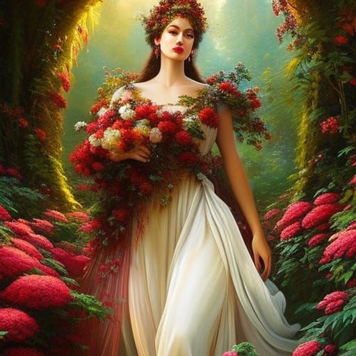 Woodland Goddess in Red Satin Dress