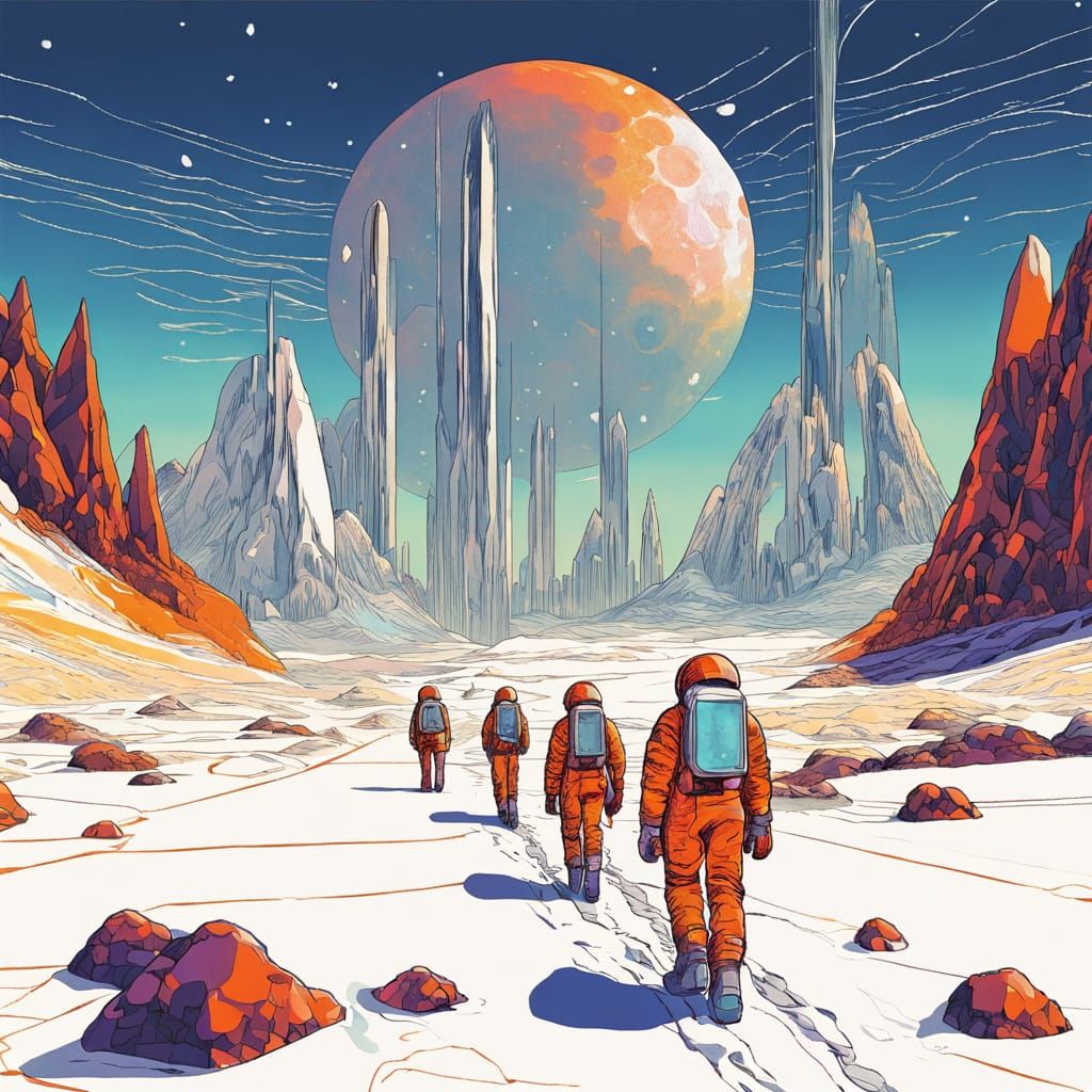 Astronauts on Snowy Planet in Comic Book Style