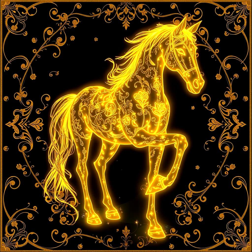 Ethereal Bioluminescent Horse with Golden Filigree