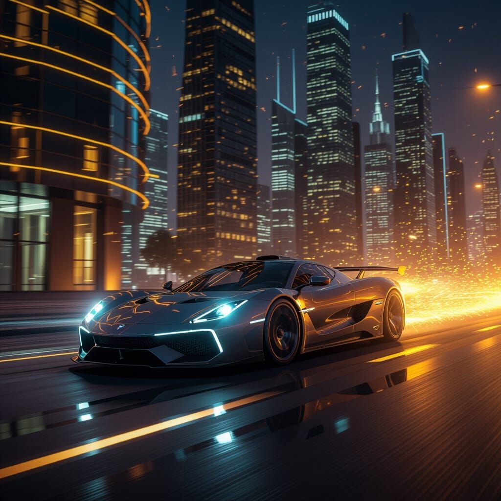 Hypercar Speeding Through Futuristic Cityscape