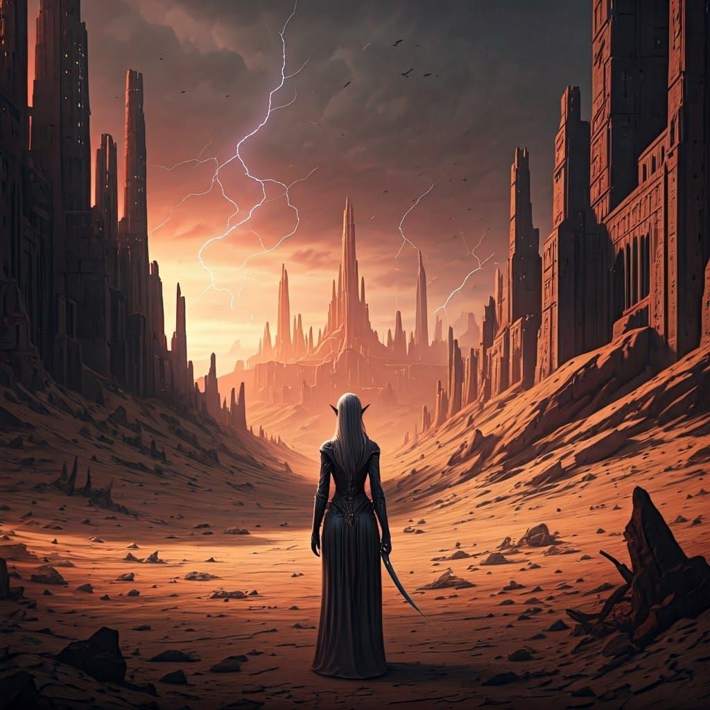 Haunted Elf Woman Stands Resolute in Desert City Ruins in a...